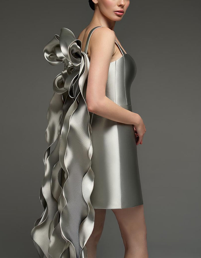 Duttini | Silver Satin Cocktail Square Neck Dress