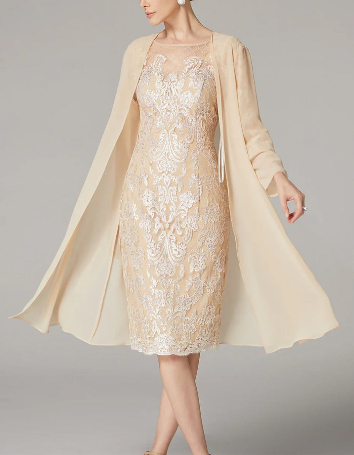 Duttini | Apricot Chiffon Bodycon Embroidered Long Dress