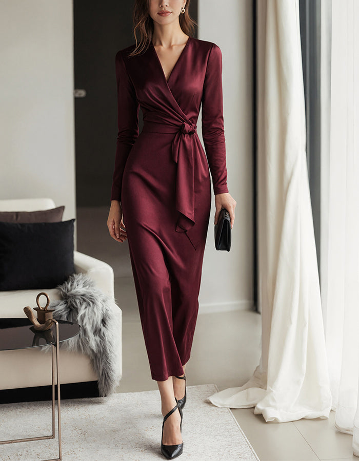 Duttini | Burgundy Satin V-Neck Mermaid Long Dress
