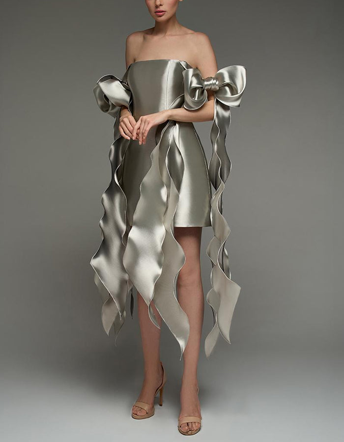 Duttini | Silver Satin Cocktail Square Neck Dress