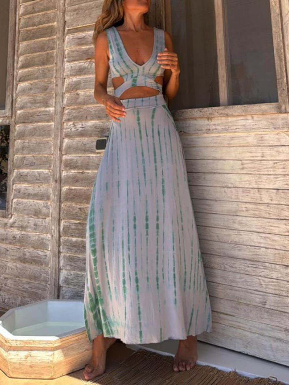 Duttini | Unique Tie-Dye Print Hollow Slit Dress