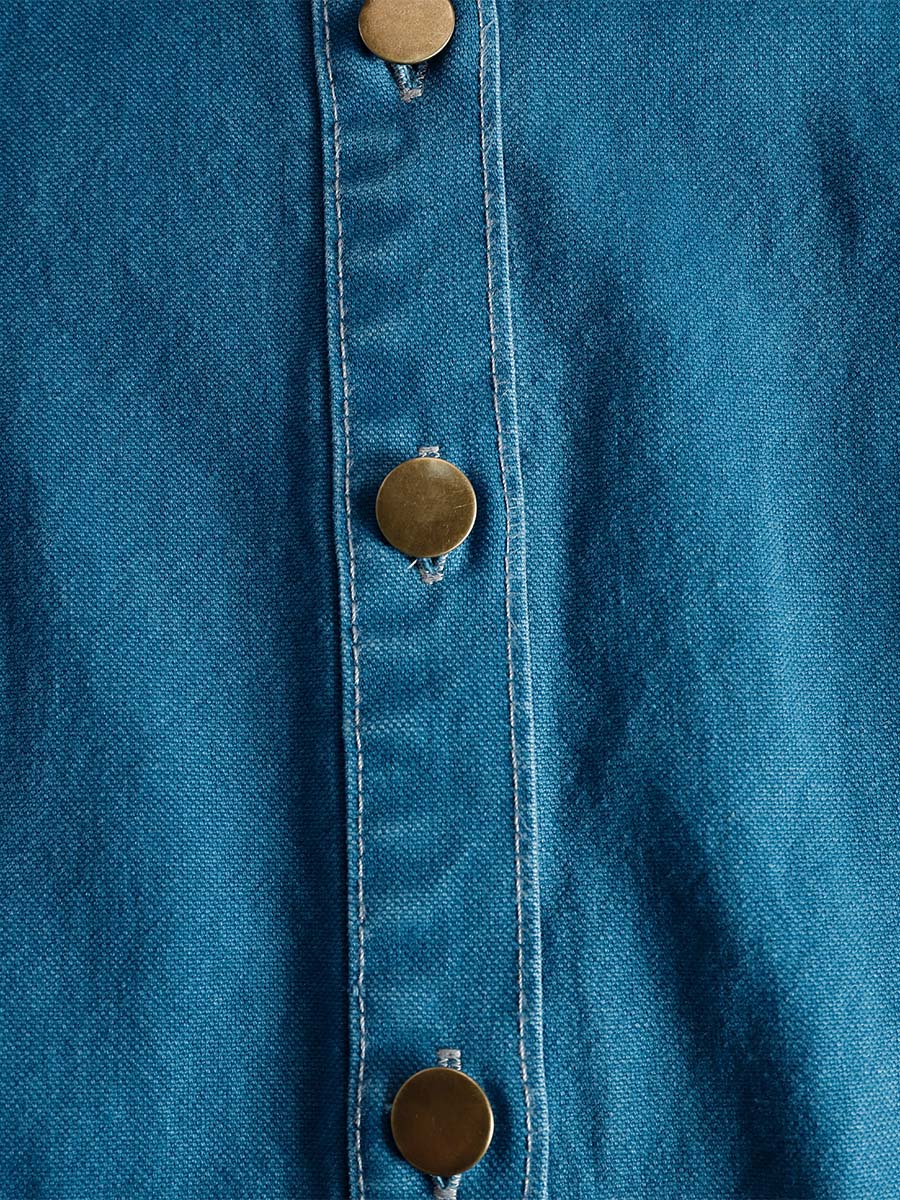 Duttini | V-Neck Short-Sleeved Organza Blue Denim Dress