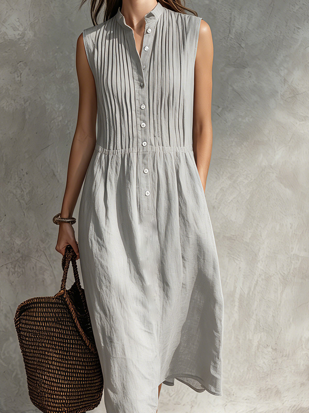 Duttini | Casual Grey Cotton-Linen Sleeveless Dress