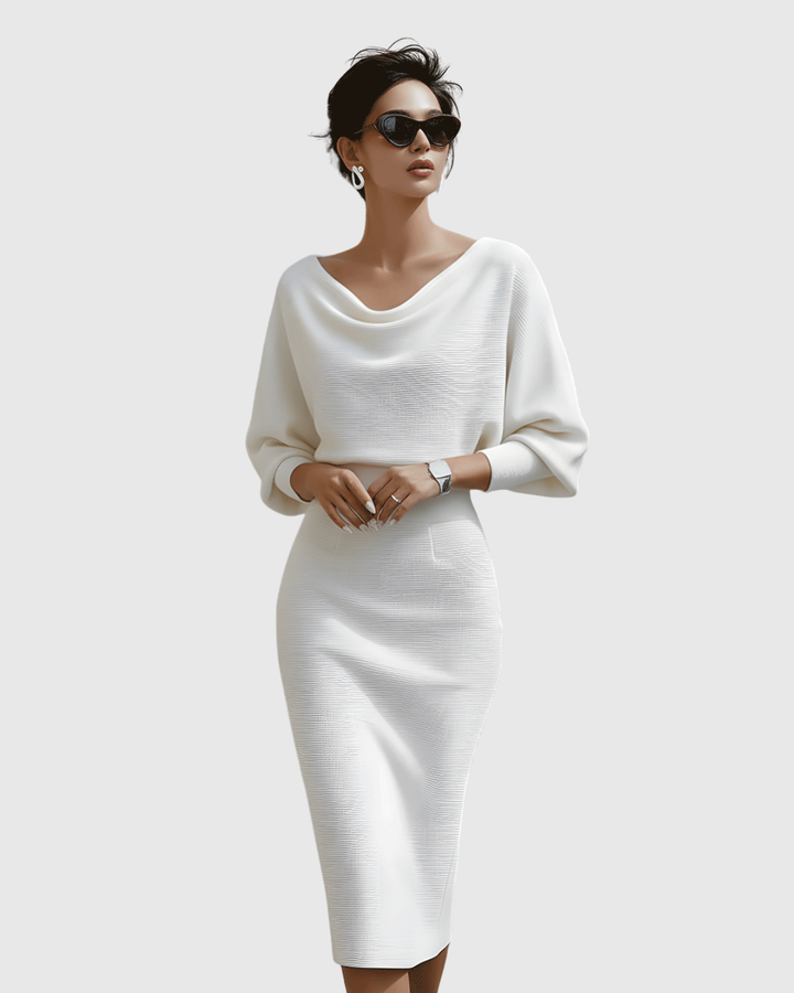 Duttini | Elegant Cowl Neck Batwing Sleeve Ribbed Midi Dress