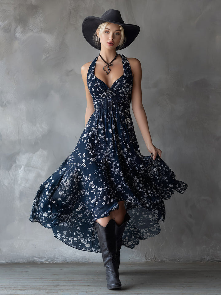 Duttini | Navy Blue Chiffon Floral Dress