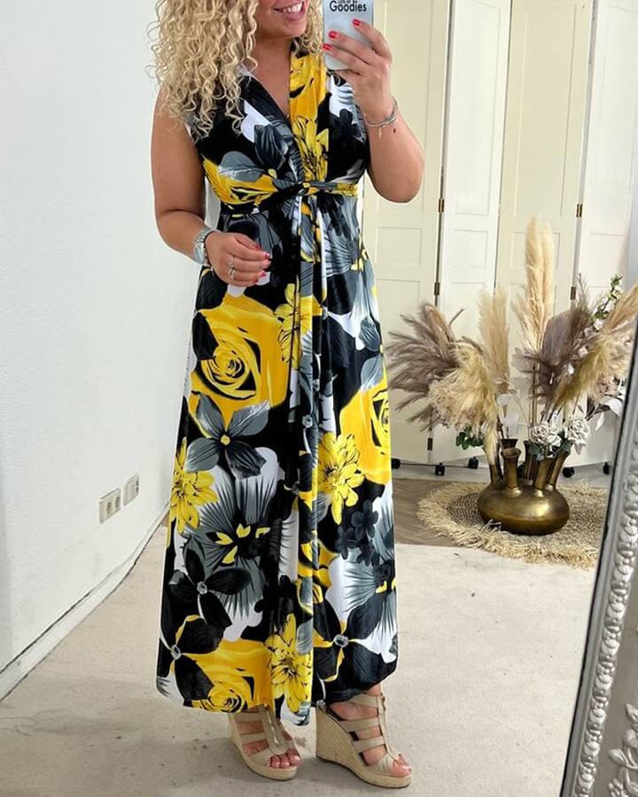 Duttini | Chic Floral Maxi Dress Sleeveless Tie Front V-Neck
