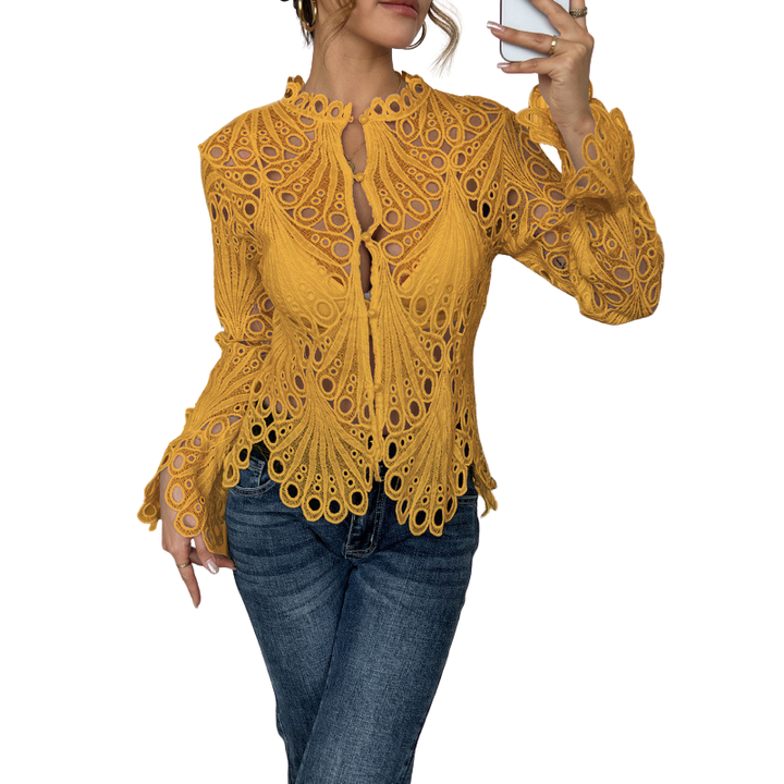 Duttini | Elegant Lace Cutwork Blouse Long Sleeve Hollow Out Top