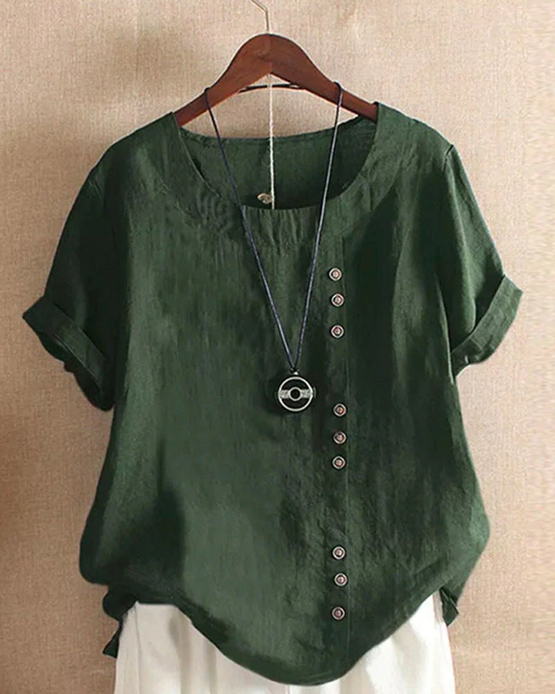 Duttini | Romantic Button Front Crew Neck Short Sleeve Casual Top
