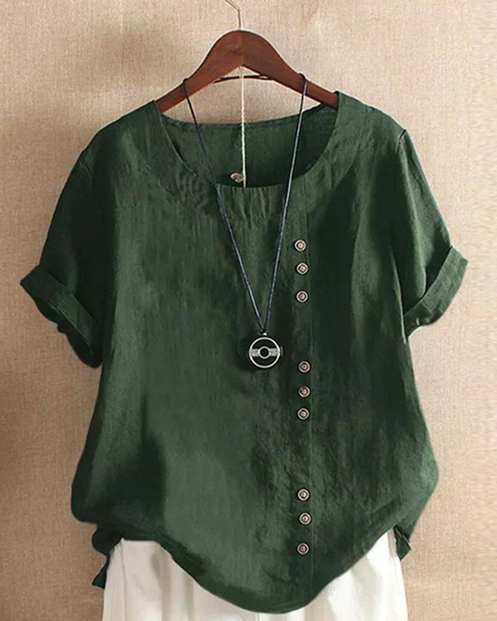 Duttini | Romantic Button Front Crew Neck Short Sleeve Casual Top