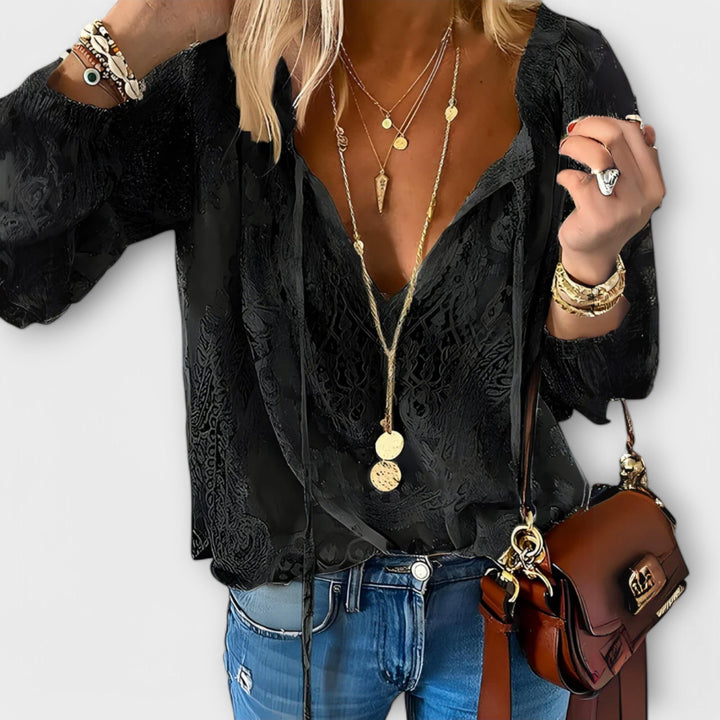 Duttini | Feminine Lace V-Neck Blouse Long Sleeve Boho Top
