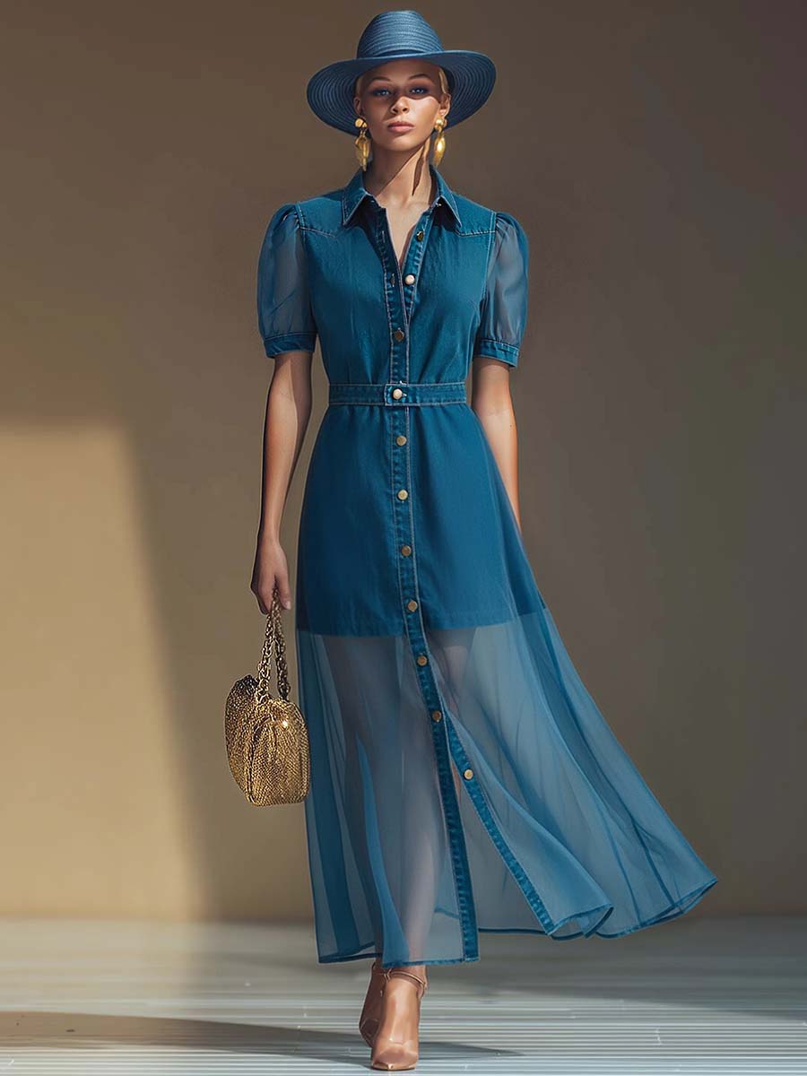 Duttini | V-Neck Short-Sleeved Organza Blue Denim Dress