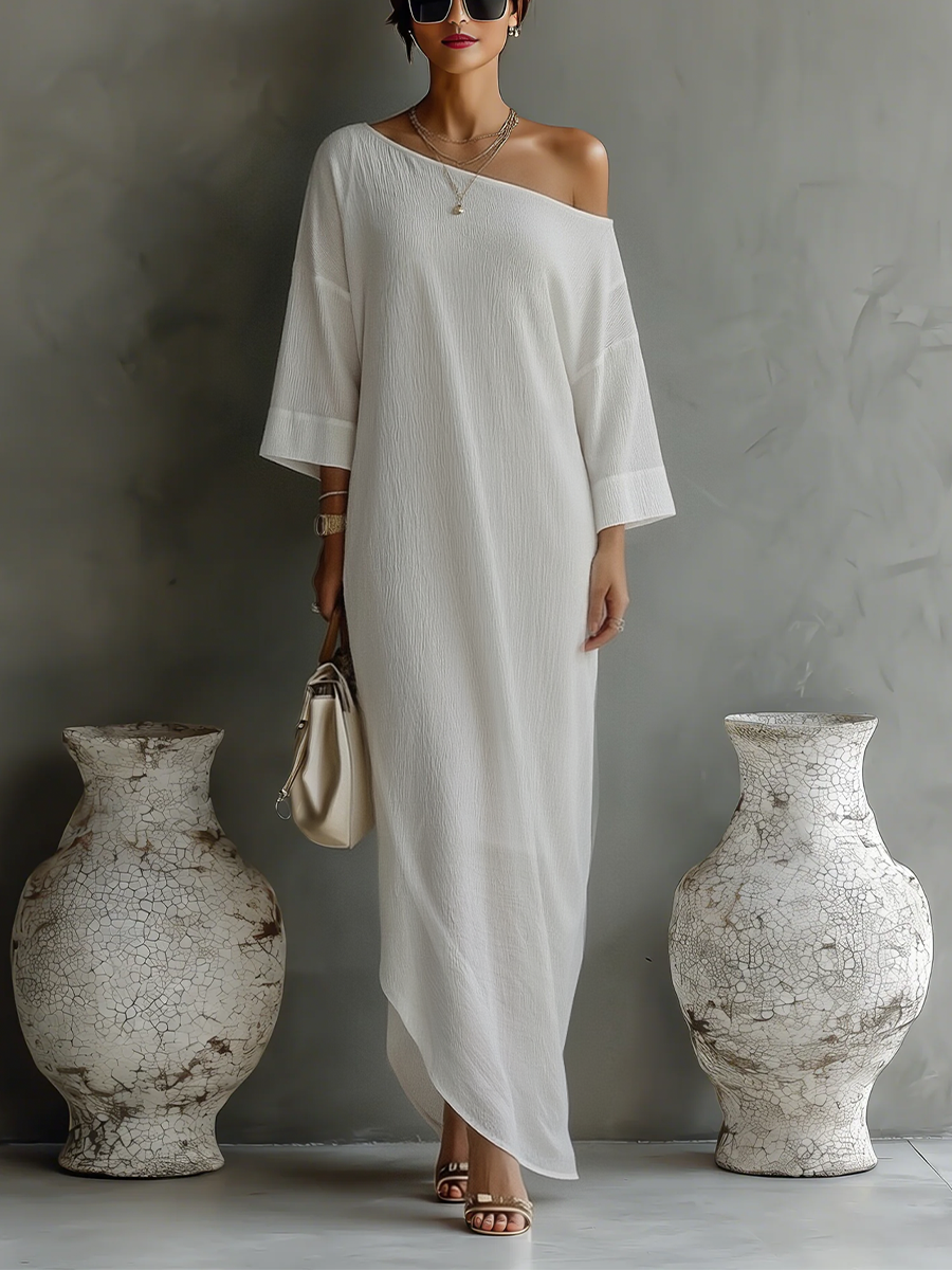 Duttini | Ivory White Cotton-Linen Blend Dress