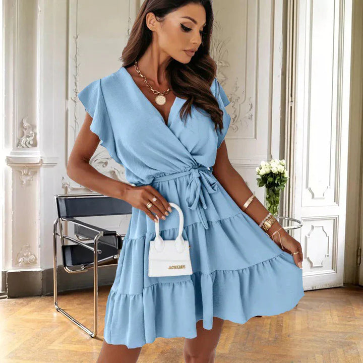 Duttini | Romantic Wrap Mini Dress Flutter Sleeve Ruffle Belted