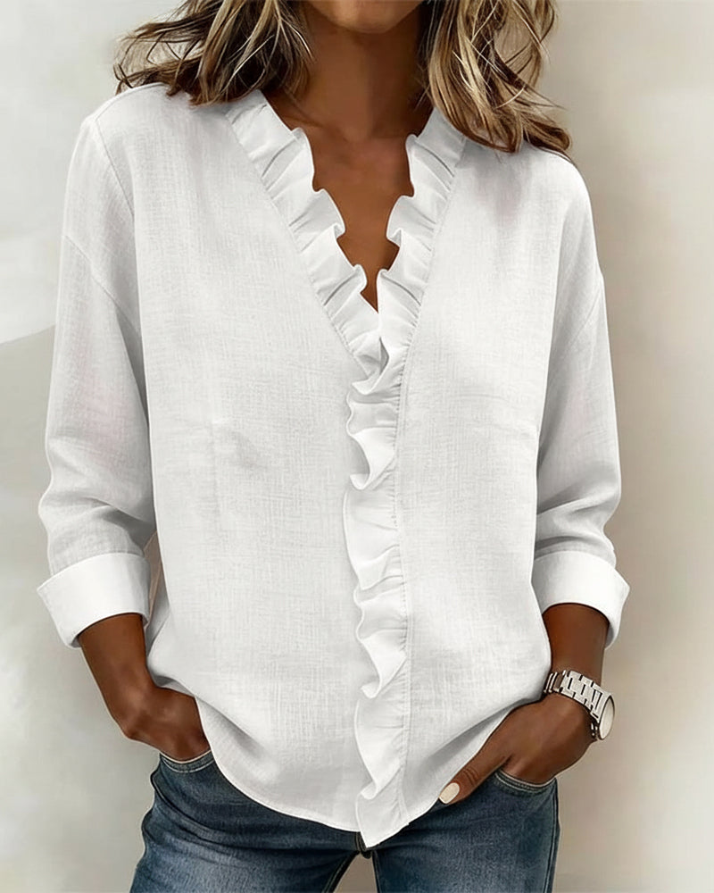 Duttini | Luxe Ruffle V-Neck Long Sleeve Blouse Spring Top