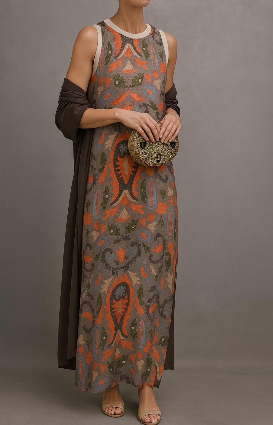Duttini | Sculpted Matching Long Dress & Coat Set with a Timeless Finish