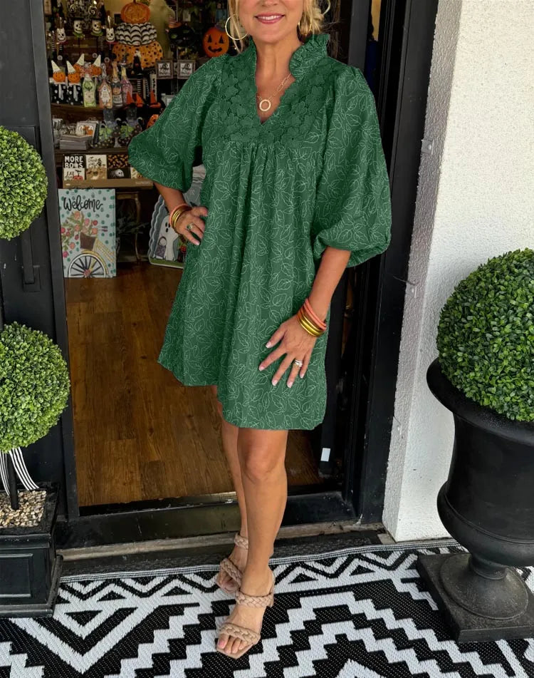 Duttini | Elegant Puff Sleeve Mini Dress V-Neck Smock Babydoll