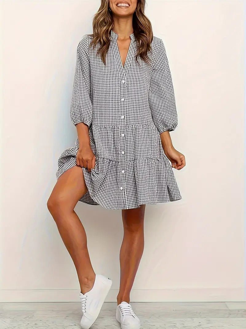 Duttini | Sculpted Gingham Print Button-Down Mini Dress 3/4 Sleeve