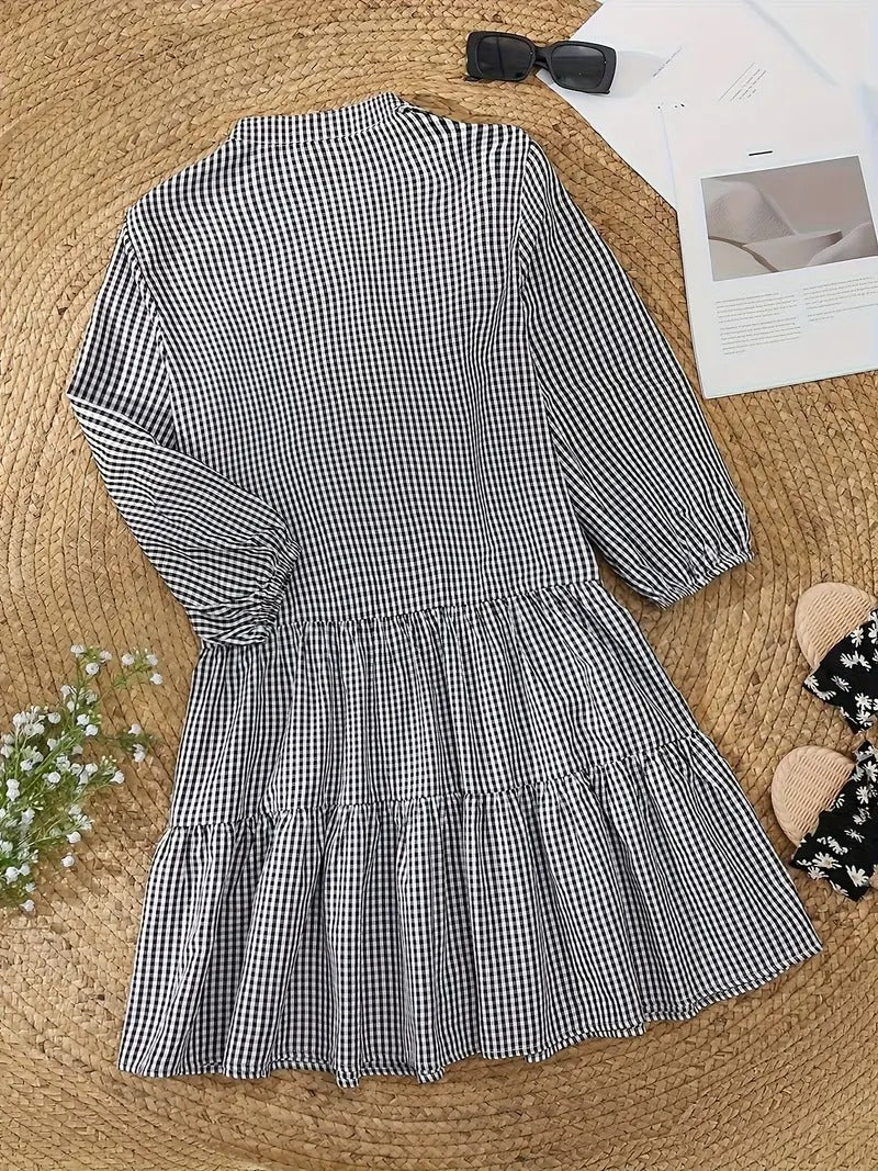 Duttini | Sculpted Gingham Print Button-Down Mini Dress 3/4 Sleeve