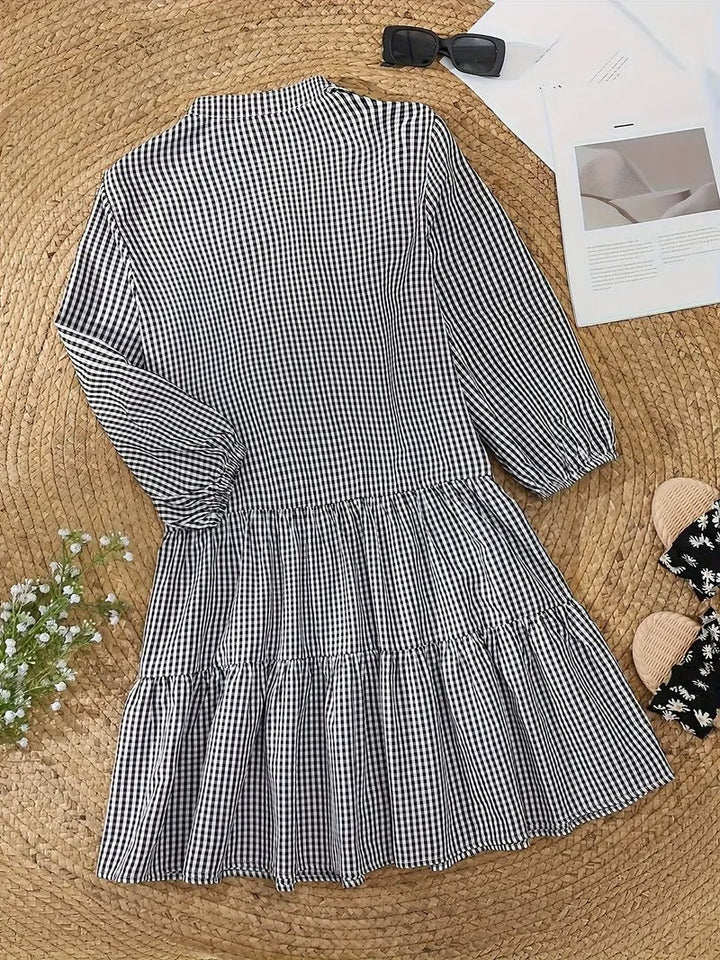 Duttini | Sculpted Gingham Print Button-Down Mini Dress 3/4 Sleeve