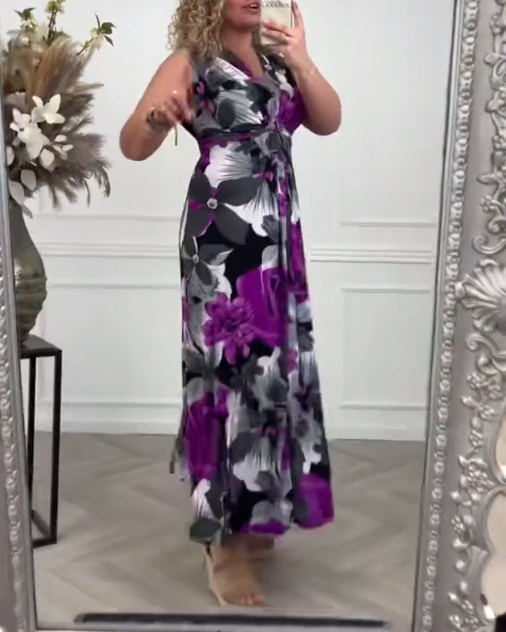 Duttini | Chic Floral Maxi Dress Sleeveless Tie Front V-Neck