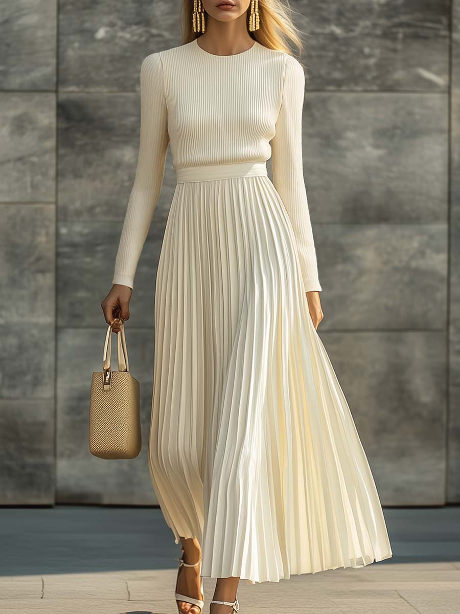 Duttini | Cream Satin Pleated Casual Dress