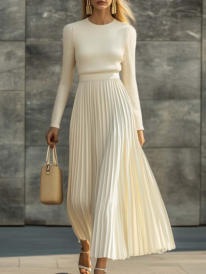 Duttini | Cream Satin Pleated Casual Dress