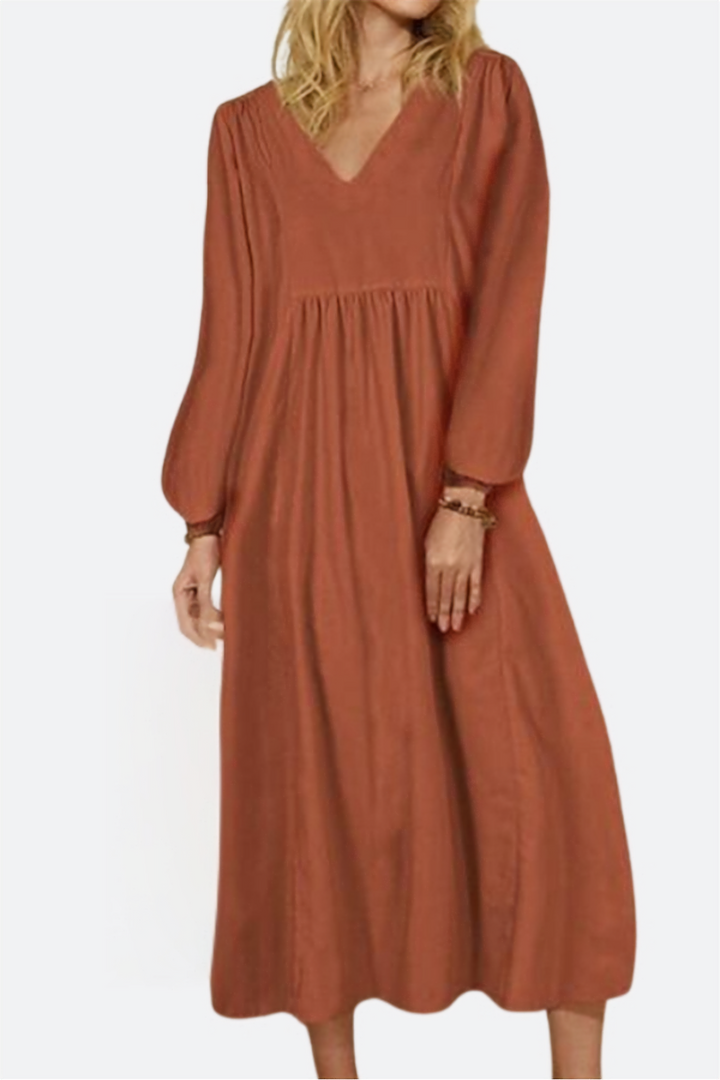 Duttini | Statement V-Neck Smocked Waist Midi Dress With Balloon Sleeves