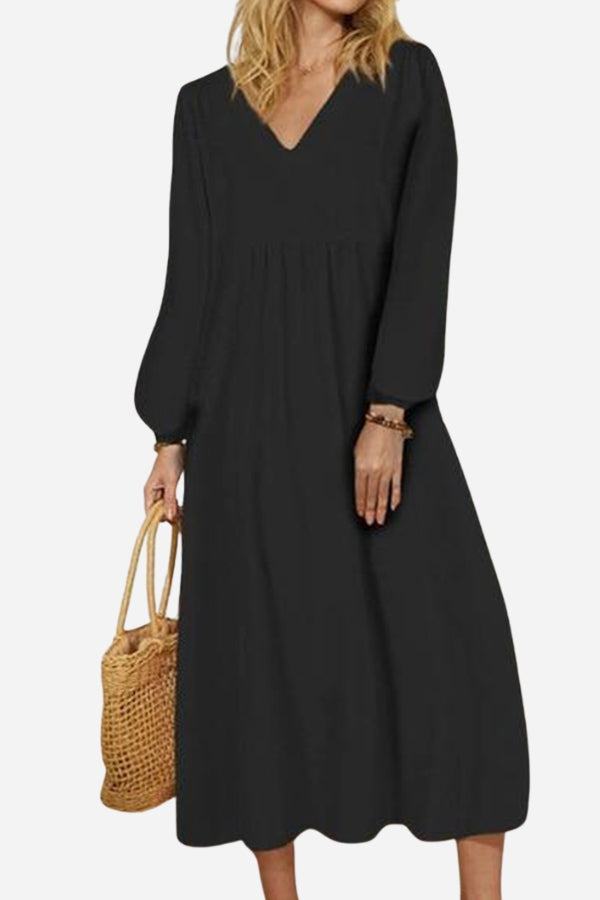 Duttini | Statement V-Neck Smocked Waist Midi Dress With Balloon Sleeves