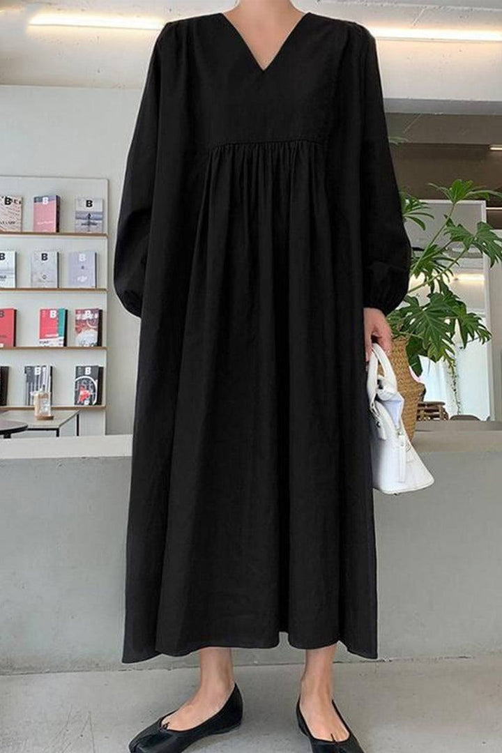 Duttini | Statement V-Neck Smocked Waist Midi Dress With Balloon Sleeves