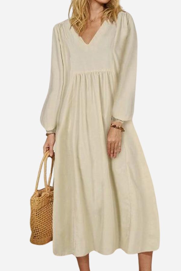 Duttini | Statement V-Neck Smocked Waist Midi Dress With Balloon Sleeves