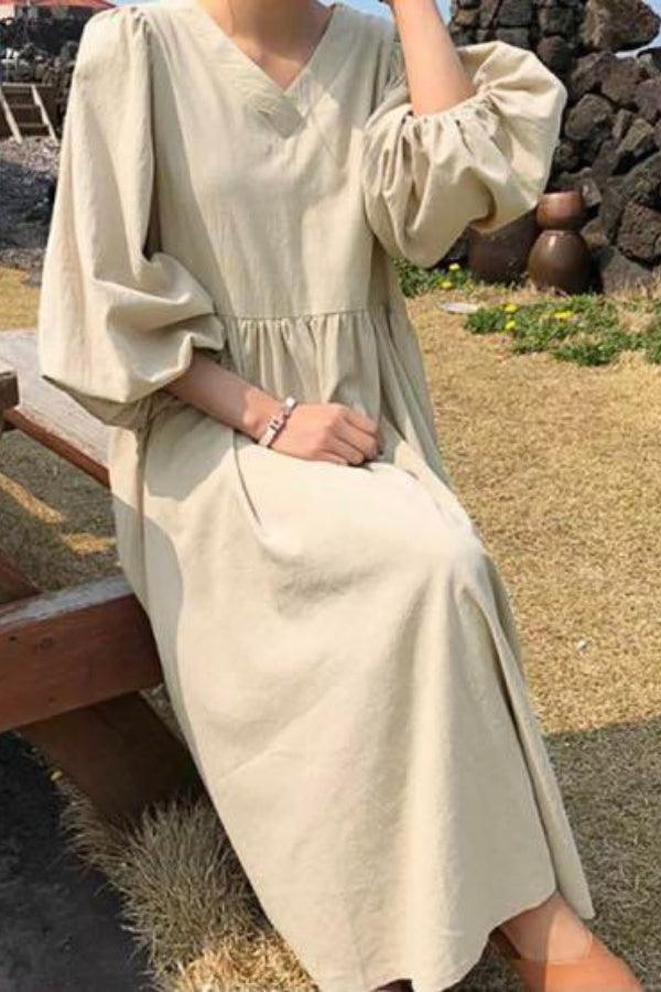 Duttini | Statement V-Neck Smocked Waist Midi Dress With Balloon Sleeves