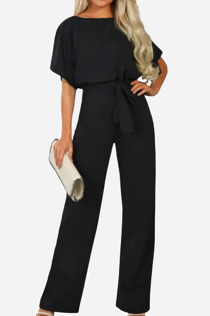 Duttini | Elegant Wide-Leg Belted Jumpsuit With Batwing Sleeves
