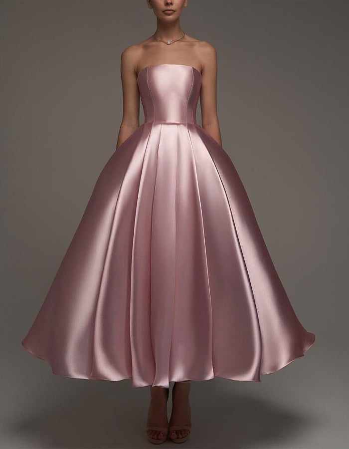Duttini | Pink Satin Strapless A-Line Shawl Dress