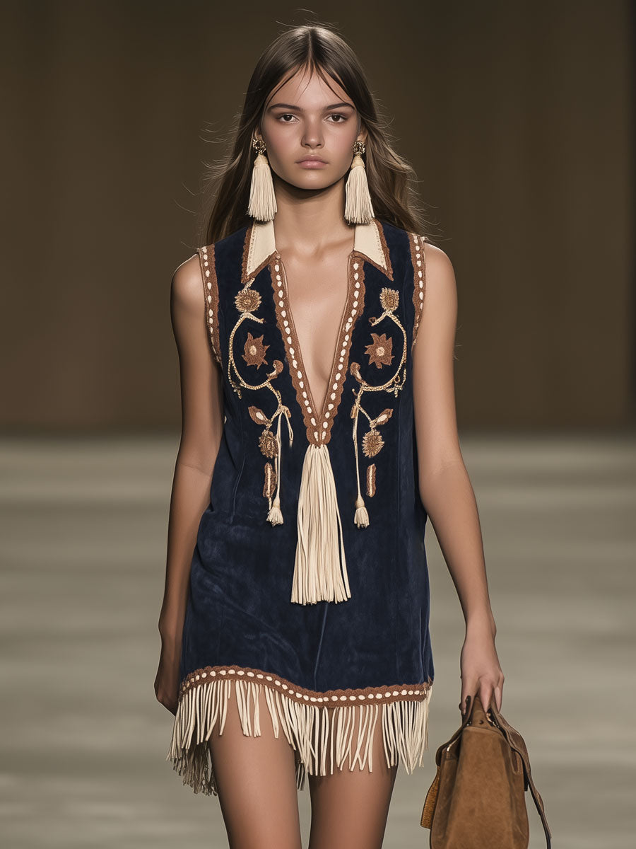 Duttini | Red Faux Suede Tassel Western Dress