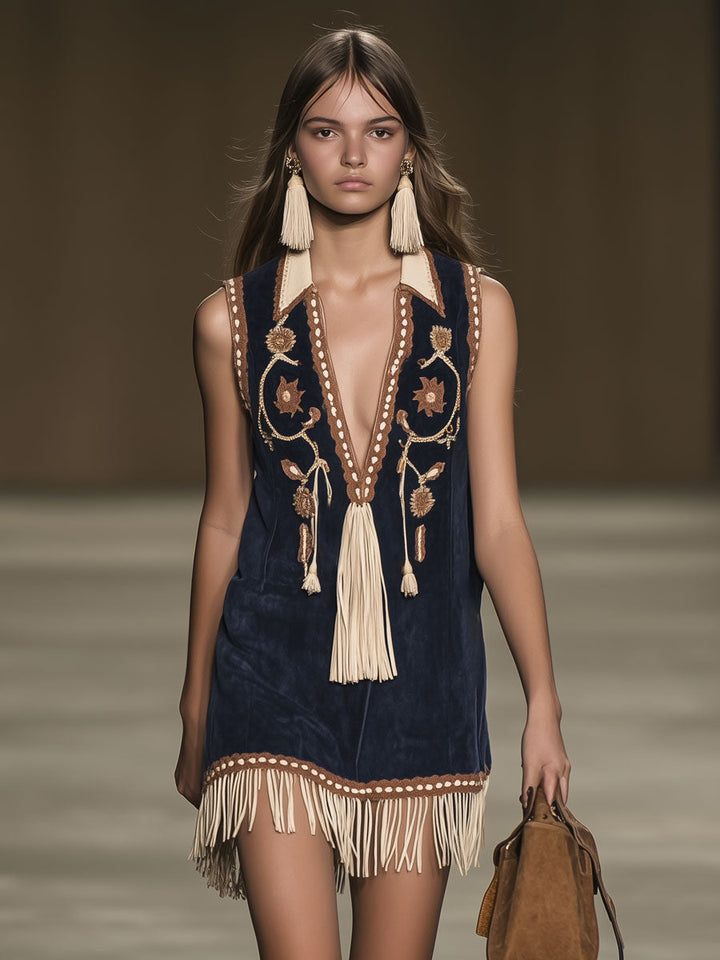 Duttini | Red Faux Suede Tassel Western Dress