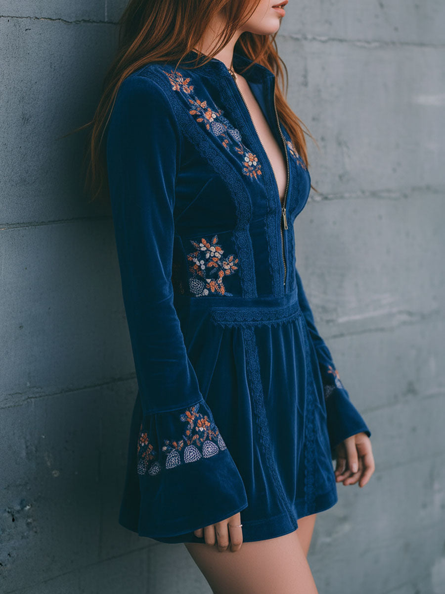 Duttini | Blue Velvet Embroidered Casual Dress