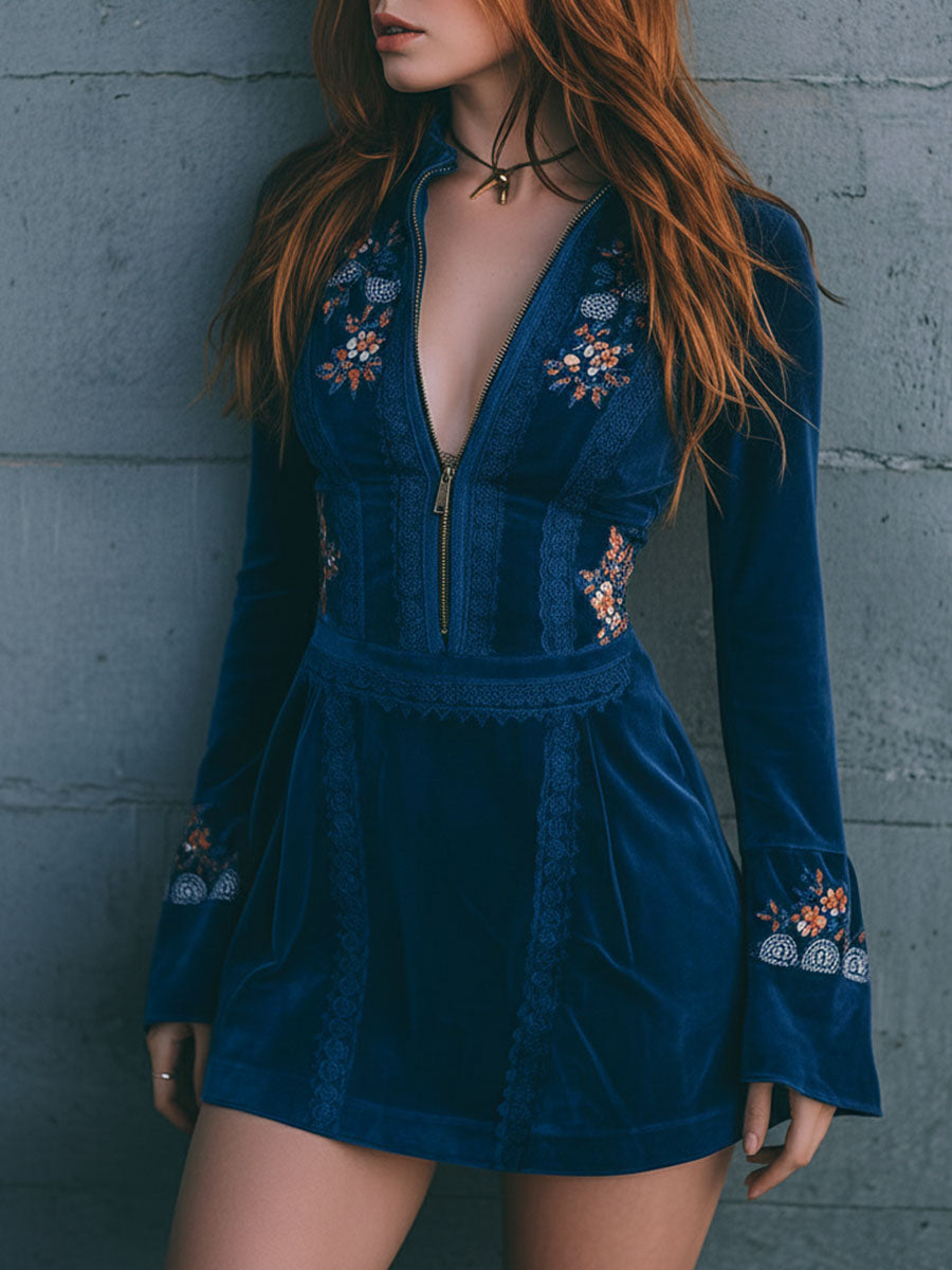 Duttini | Blue Velvet Embroidered Casual Dress