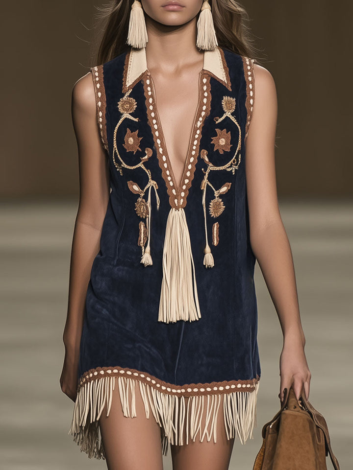 Duttini | Red Faux Suede Tassel Western Dress