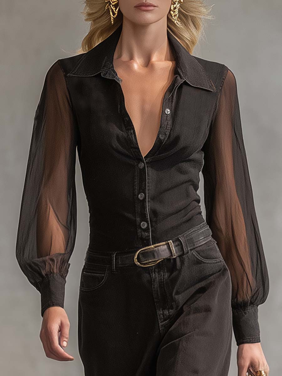 Duttini | Black Denim V-Neck Casual Dress