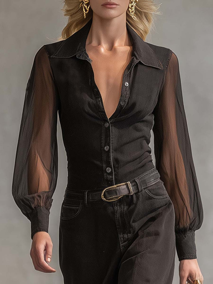 Duttini | Black Denim V-Neck Casual Dress