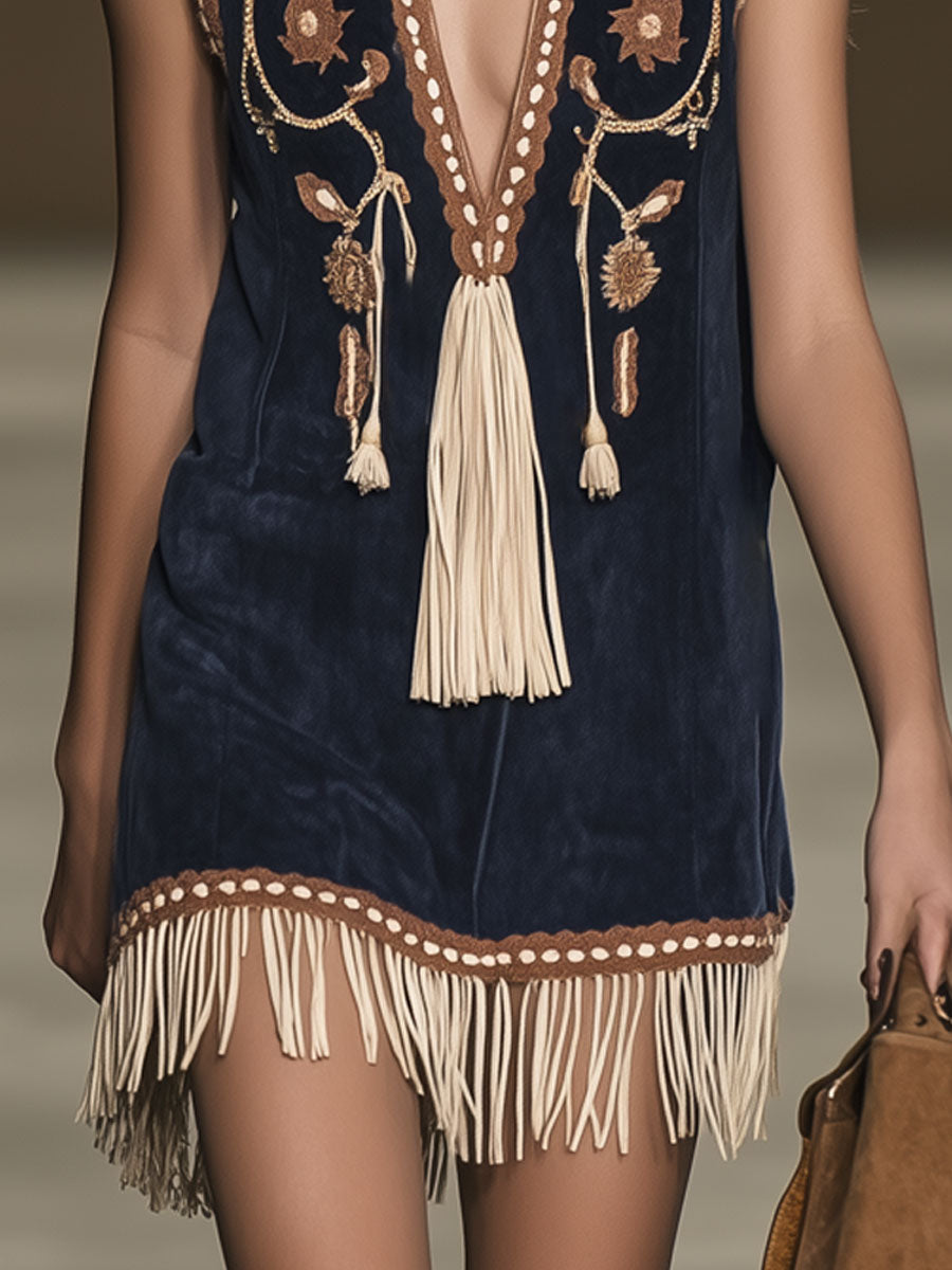 Duttini | Red Faux Suede Tassel Western Dress