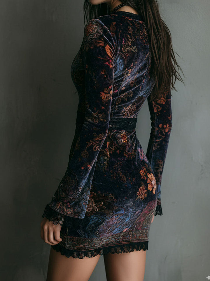 Duttini | Boho Floral Print V-Neck Velvet Dress