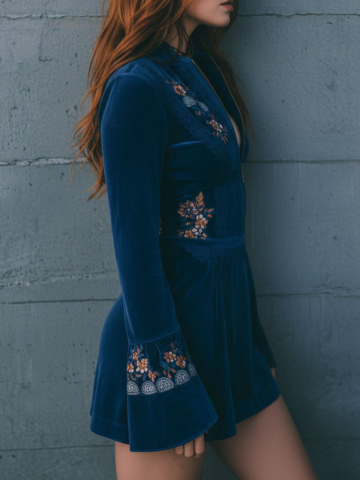 Duttini | Blue Velvet Embroidered Casual Dress