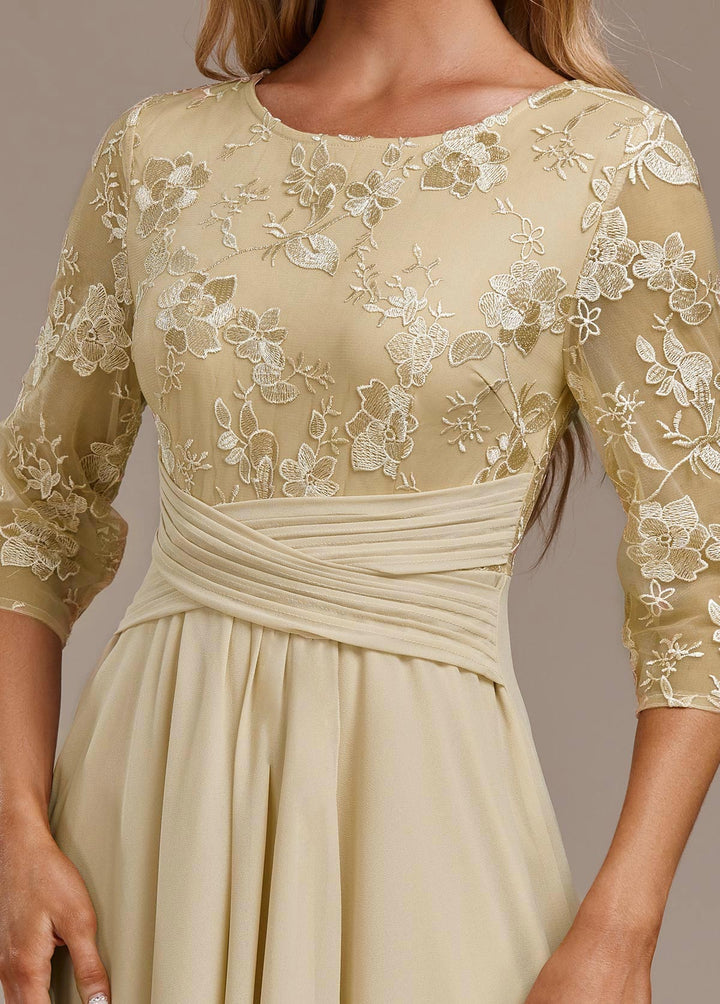 Duttini | Luxe Champagne FLoral 3/4 Sleeve Round Neck Dress