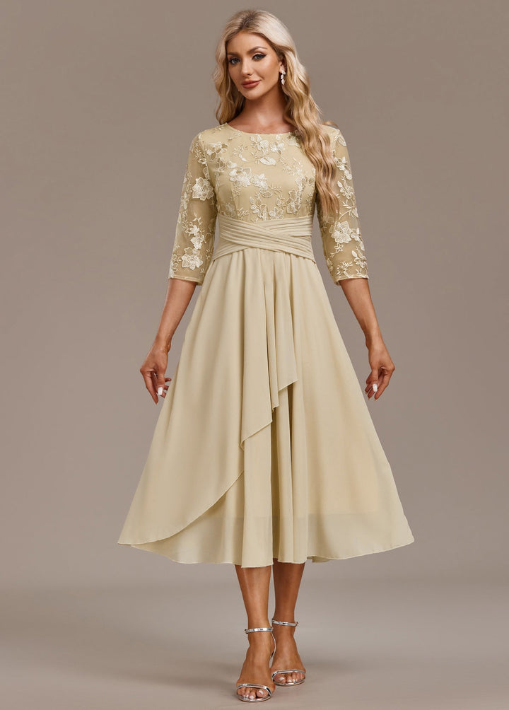 Duttini | Luxe Champagne FLoral 3/4 Sleeve Round Neck Dress