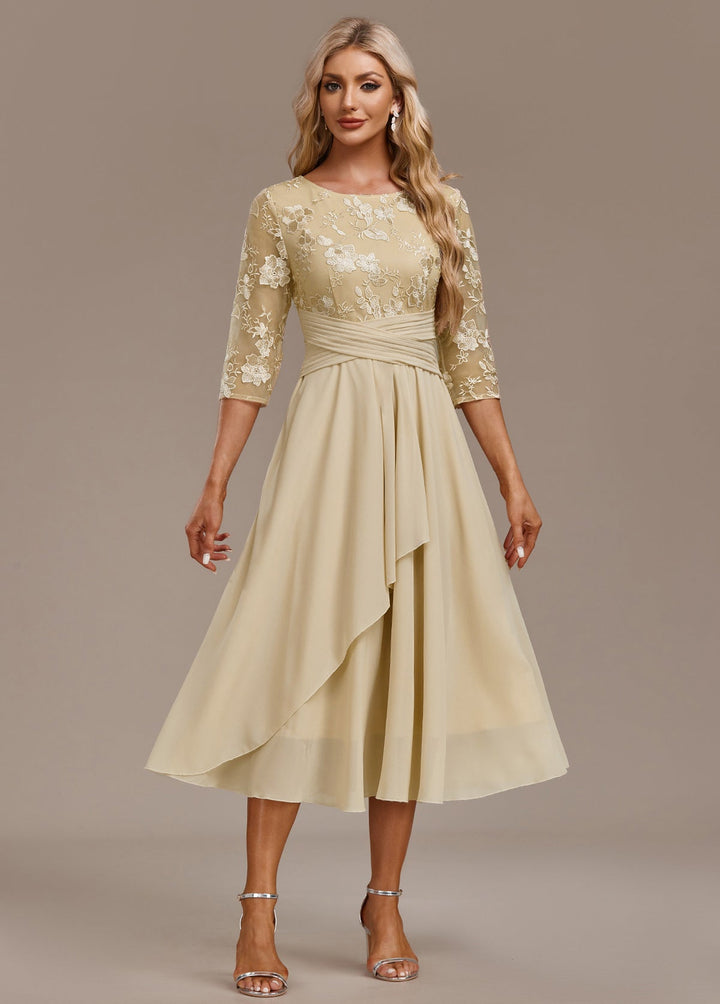 Duttini | Luxe Champagne FLoral 3/4 Sleeve Round Neck Dress