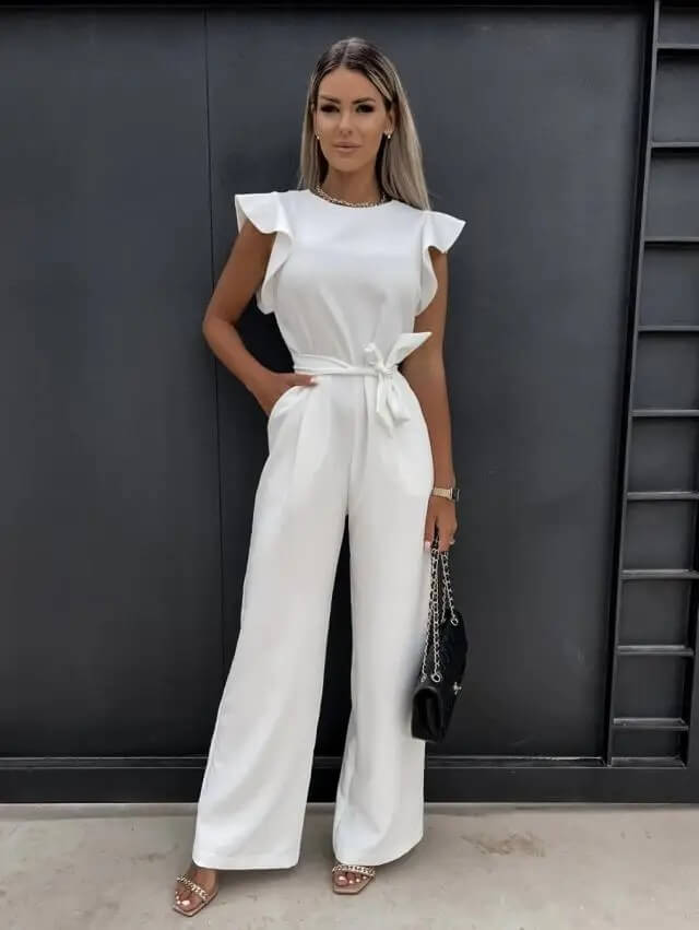 Duttini | Timeless Ruffle Sleeve Wide Leg Jumpsuit Belted Elegant