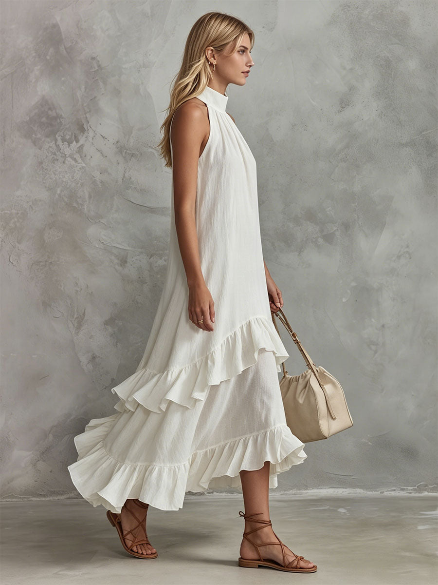 Duttini | Retro-Elegant White Sleeveless Ruffled Cotton-Linen Dress
