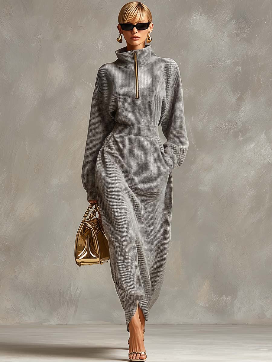 Duttini | Grey Waffle Long Sleeve Casual Dress