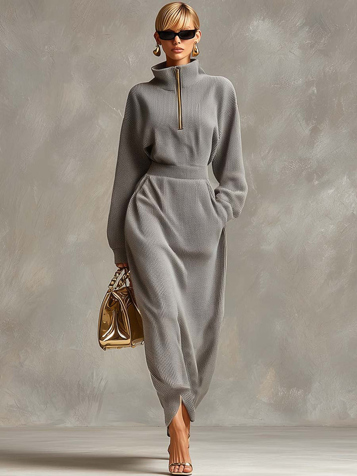 Duttini | Grey Waffle Long Sleeve Casual Dress